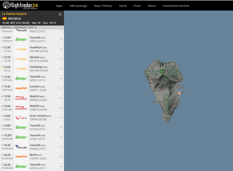 Hier werden zwei Flieger der EasyJet nach La Palma angezeigt, allerdings ist keiner davon wirklich gekommen