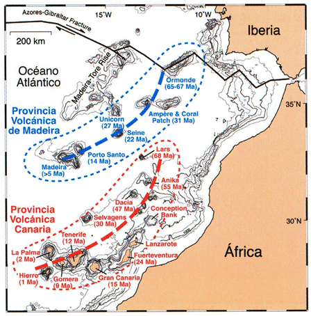 Bathymetrische Karte der Kanaren und von Madeira mit den Inseln und zugehörigen Seamounts. Die fetten Linien markieren die Spur der  Hotspots (Hörnle & Carracedo, 2008)