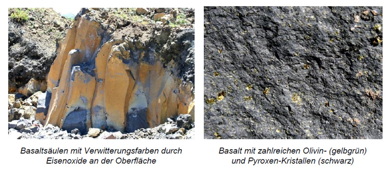 Unterschiedliche Einlagerungen im Basalt
