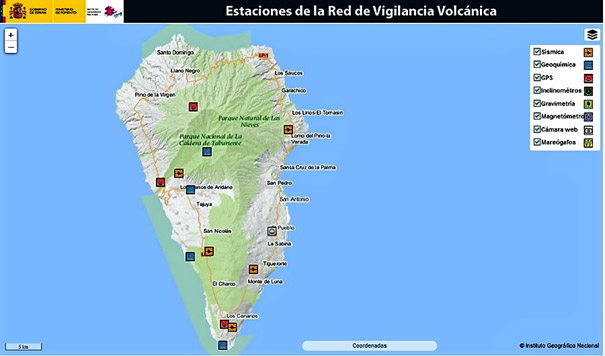 Grafik vom IGN Die Stationen zur Vulkanüberwachung auf La Palma
